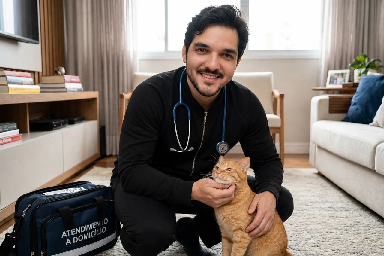 Dr. Israel Gomes atendendo um gato na sala do tutor, com a maleta de atendimento a domicílio ao lado