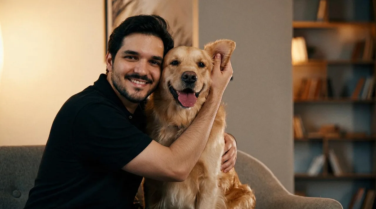Dr. Israel Gomes abraçado a um golden retriever na sala do tutor